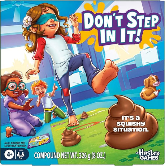 Hasbro Gaming Don't Step in It! Preschool Game I Blindfolded, Poop Party Game | Spinner with 8 Fun Animal Moves | Ages 4+| 1+ Players I Funny Kids Board Games