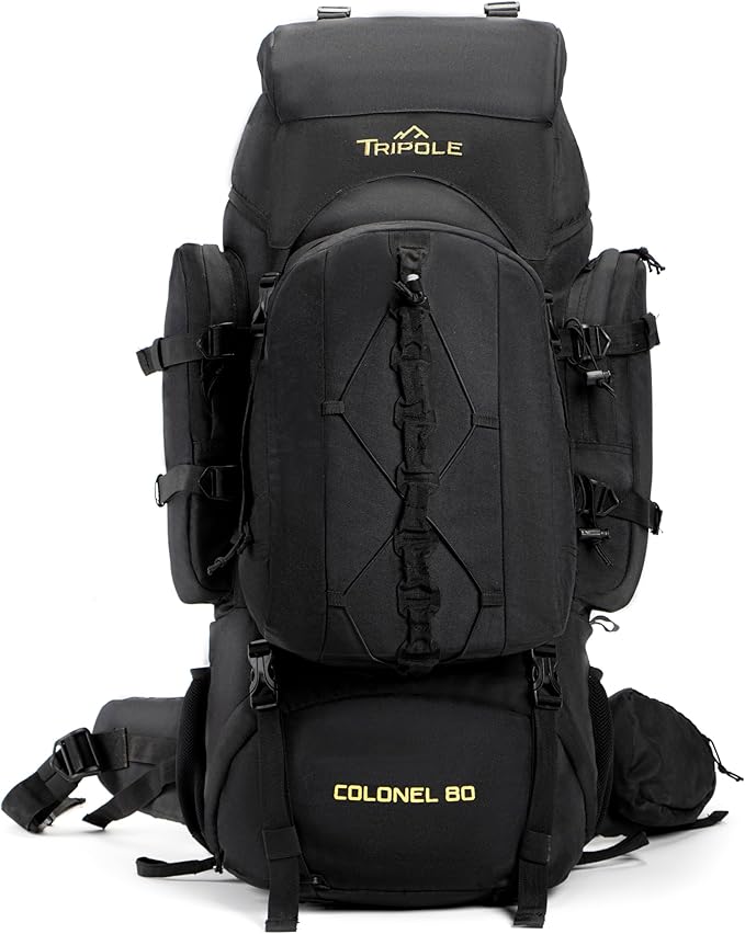 Tripole Colonel 80 Litres Internal Frame Trekking and Hiking Rucksack + Detachable Day Pack, Rain Cover, Black