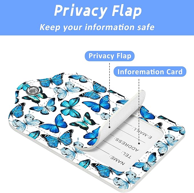 Luggage Tags for Suitcase Blue Butterfly 2 PCS Leather Travel Cruise Luggage Tag with Stainless Steel Loop Name ID Label Privacy Cover for Women Men Travel Bag Labels Set