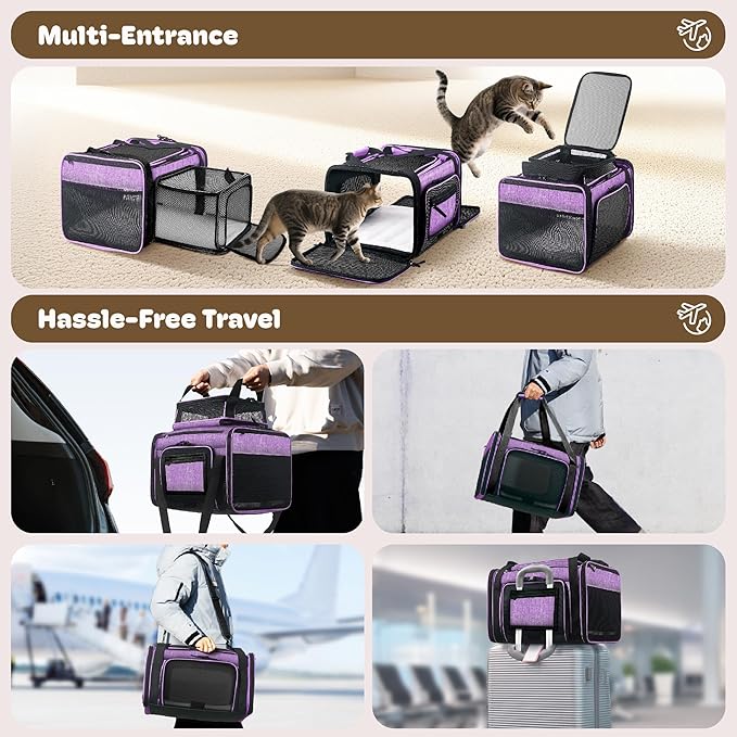 Top and 2 Sides Expandable Cat Carrier 17x11x11, TSA Airline Approved Dog Carriers for Medium Dogs, Soft-Sided Pet Carrier with Self-Locking Zippers for Kitten,Rabbit, Puppy, Guinea Pig Purple