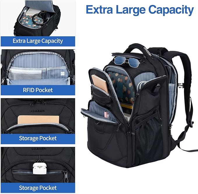 KROSER TSA Friendly Travel Laptop Backpack 18.4 inch XXXL Gaming Backpack Water-Repellent College Daypack Business Backpack with RFID Pockets & USB Port for Men/Women-Black