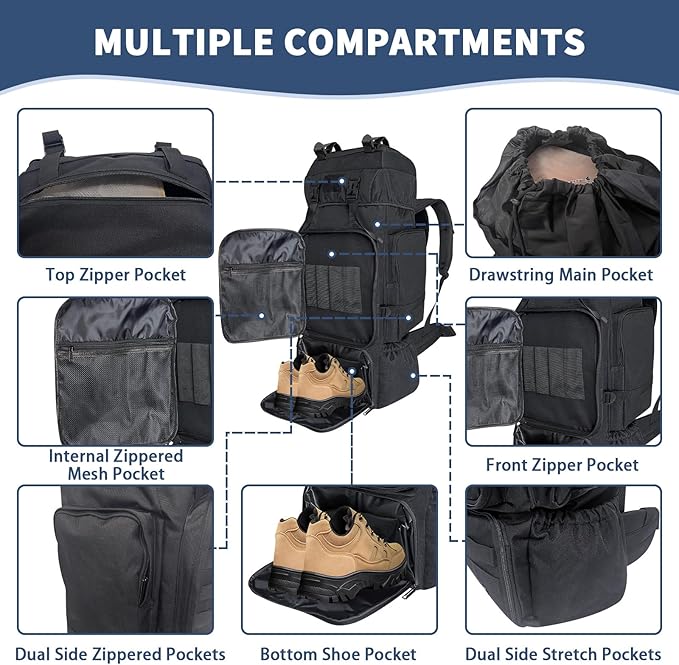 Vaupan 70L Hiking Backpack for Men Women Camping bag with Shoe Compartment Large Military Tactical Backpack, MOLLE Rucksack Sport Travel Backpacking Daypack (Black)