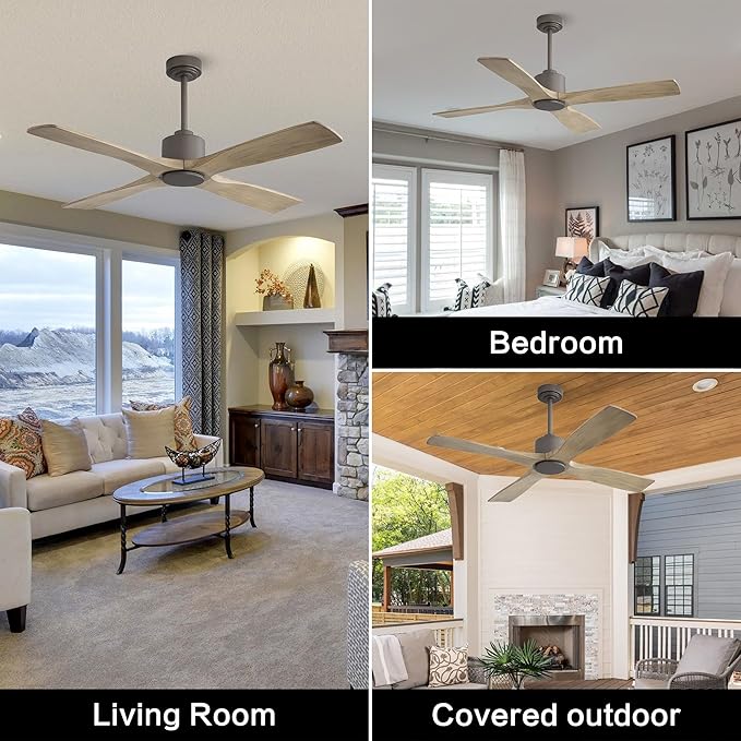 WINGBO 48 Inch DC Ceiling Fan without Lights, 4 Carved Solid Wood Blades, 6-Speed Noiseless Reversible DC Motor, Modern Ceiling Fan No Light with Remote, Graphite Finish with Gray Blades, ETL Listed