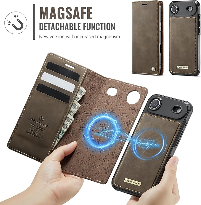 PlusnapX Wallet Case for iPhone Air Compatible with Magsafe, 2-in-1 PU Leather Flip RFID Blocking Card Holder Stand ShockAirof Magnetic Detachable Cover for iPhone 17 Air Case 6.5", Brown