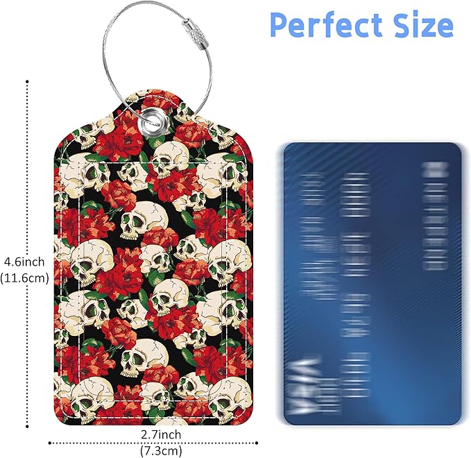 2 Pack Luggage Tags for Suitcase Day of The Dead Skull and Flowers Leather Stainless Steel Loop Label Tags for Women Men Travel Bag Suitcase with Privacy Cover Name ID Card