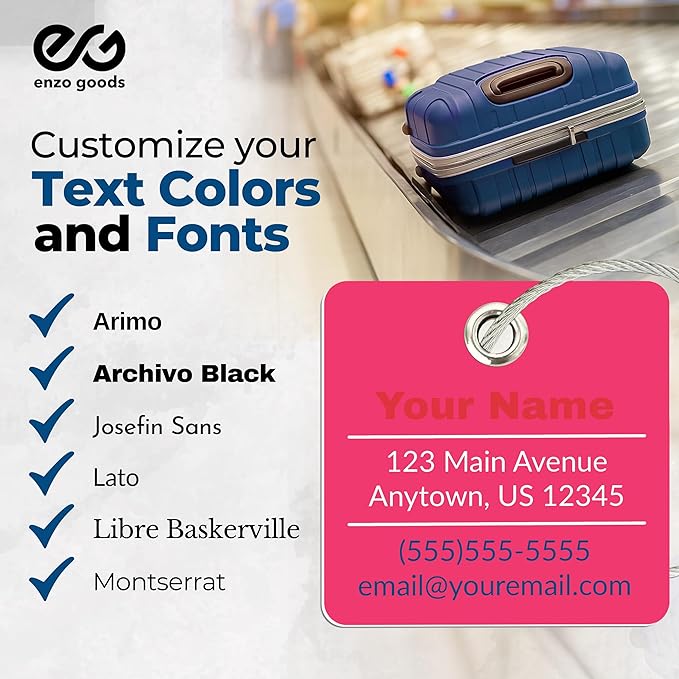 Personalized Luggage Tag | Custom Luggage Tags for Suitcases | Kids Backpack Tag | 10 Color Options & Choose Font, Font Color