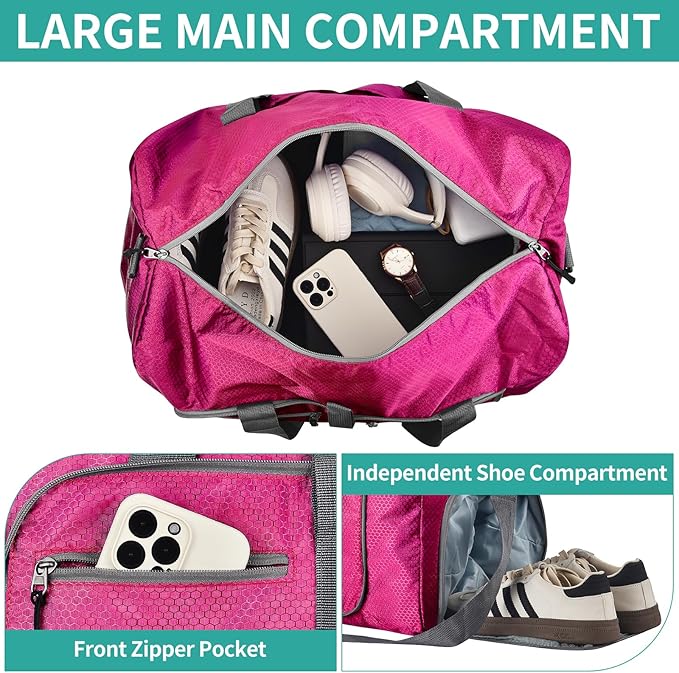 Dimayar Travel Duffle Bag for Men Women - Foldable Duffel Bag with Shoes Compartment - Overnight Bags Waterproof & Tear Resistant(115L,Fuchsine)
