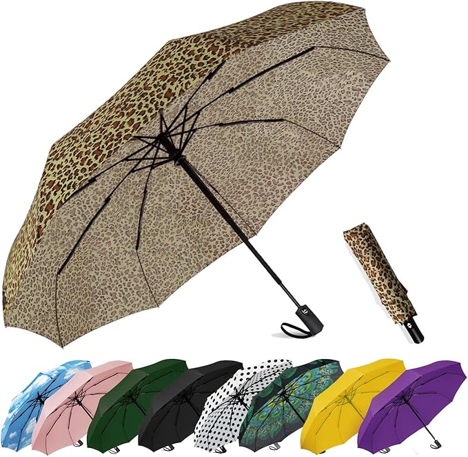 SIEPASA Windproof Travel Compact Umbrella-Automatic Umbrellas for Rain-Compact Folding Umbrella, Travel Umbrella Small Portable Windproof Umbrellas for Men Women Teenage. (New Leopard Print)