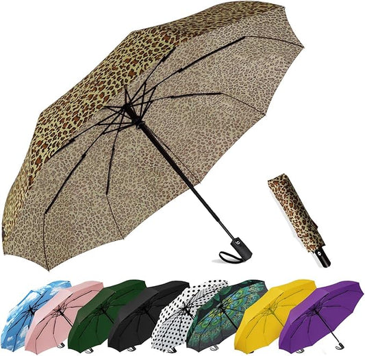 SIEPASA Windproof Travel Compact Umbrella-Automatic Umbrellas for Rain-Compact Folding Umbrella, Travel Umbrella Small Portable Windproof Umbrellas for Men Women Teenage. (New Leopard Print)