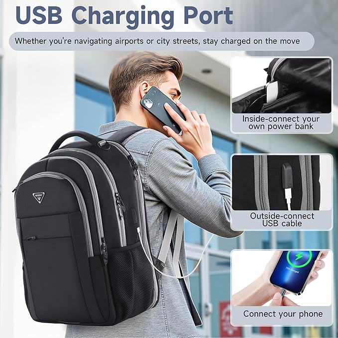 Multipocket TSA Black Travel Laptop Backpack for Men, Anti-Theft Work Business Backpack with USB Charging Port, Airline Approved Personal Item Bag,Water-Resistant Computer Bag Fits 16 Inch Notebook
