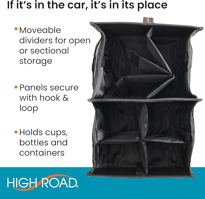 High Road Car Organizer with Cup Holder Dividers - Front Seat Organizer for Drivers or Middle Seat Car Organizer for Kids - Portable Car Caddy with Easy Carry Handle