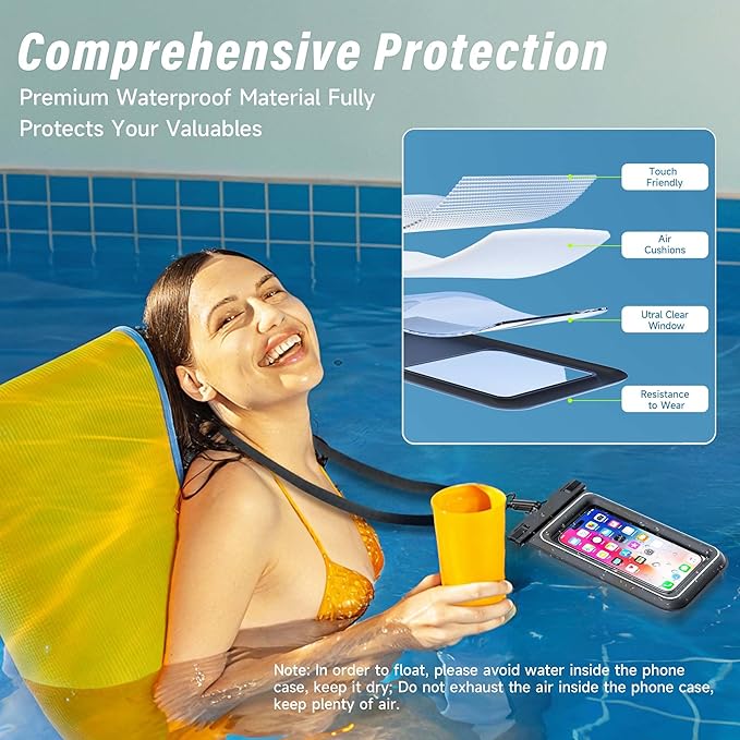 Waterproof Phone Pouch - 2 Pack IP68 Floating Waterproof Phone Case, Dry Bag Beach Cruise Essentials with Adjustable Lanyard for iPhone 16 Pro Max / 15 Pro / Galaxy S24 S23 (Black and Black)