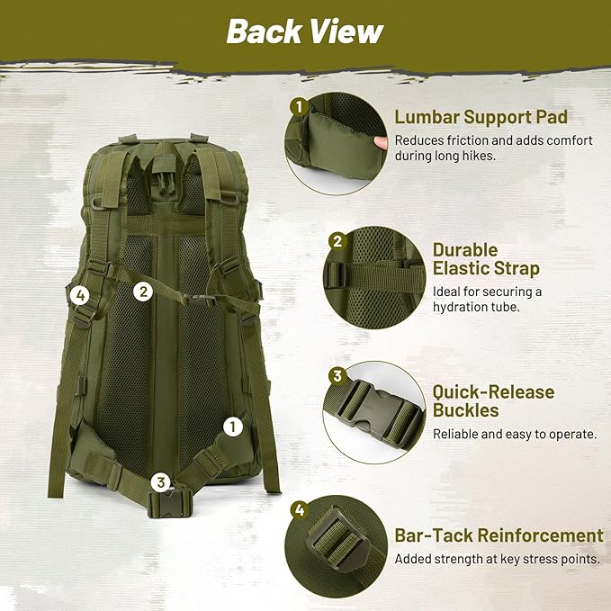 AUMENTAR 50L Tactical Backpack for Men and Women, Water-Resistant Molle Rucksack, Large Military Assault Pack for Hiking, Hunting, Camping, Gym & Outdoor Survival Green