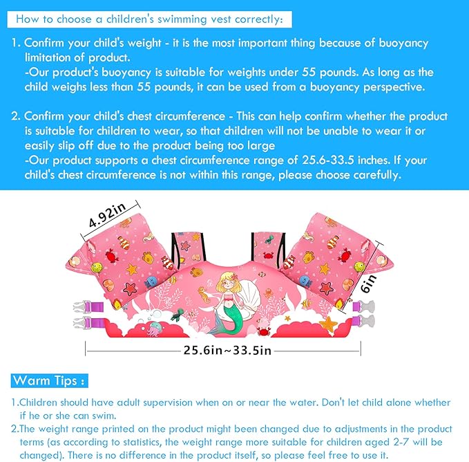 Chriffer Kids Swim Vest Life Jacket for 30-55 Pounds Boys and Girls, Toddler Floaties with Shoulder Harness Arm Wings for 2,3,4,5,6,7 Years Old Baby