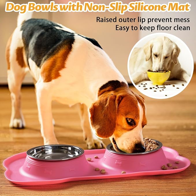 Hubulk Pet Dog Bowls 2 Stainless Steel Dog Bowl with No Spill Non-Skid Silicone Mat + Pet Food Scoop Water and Food Feeder Bowls for Feeding Small Medium Large Dogs Cats Puppies (S, Pink)