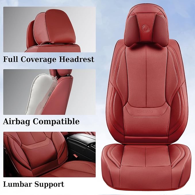 Coverado Universal Seat Covers Front, 2-Pack Universal Seat Covers for Cars, Waterproof Nappa Leather Car Seat Covers with Head Pillow, Auto Protectors Fit for Most Sedans SUV Pick-up Truck-Red