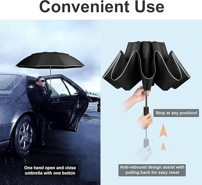 Urvoix Travel Umbrella Compact Windproof - Vented Double Canopy Umbrellas for Rain, Portable Umbrella Inverted Automatic Open Close with Reflective Strip