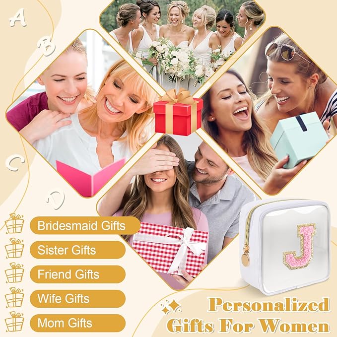 Personalized Initial Letter Clear Preppy Makeup Bag,Mini Nylon Chenille Letter Cosmetic Bag Cute Zipper Pouch Purse for Teen Girls,Portable TSA Approved Beach Travel Essentials Bag Gift for Women,J