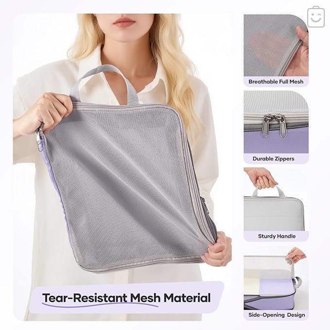 Veken 11 Set Compression Packing Cubes for Travel Essentials,Compressible Expandable Large Luggage Suitcase Organizer Bags for Clothing,Durable Space Saver Storage Bags with Toiletry Bags(Purple Gray)