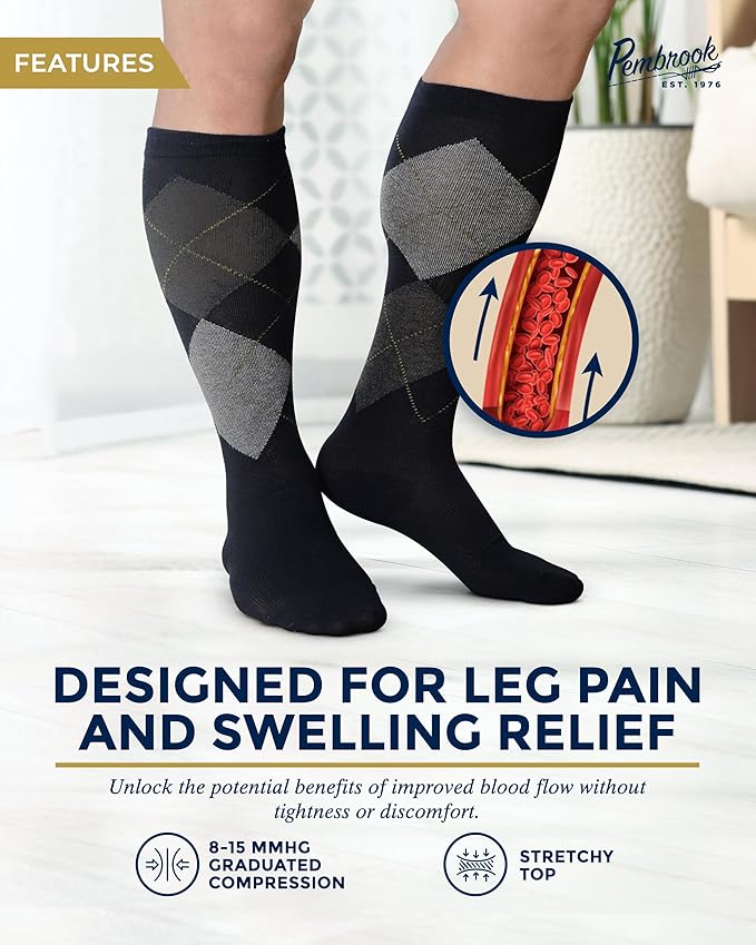 Pembrook Light Compression Socks for Men - 6 Pairs | 8-15 mmHg Graduated Compression Socks for Men 9-12 | Support Socks