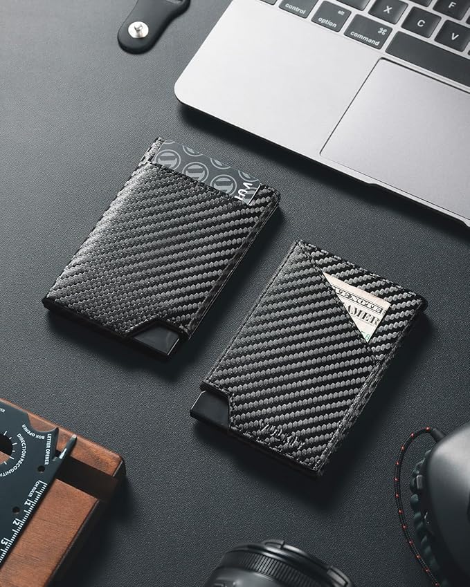 VULKIT Pop up Card Wallet RFID Blocking Slim Aluminum Metal Bank Card Holder Case with Business Money Pocket for Credit Cards Notes and Coins (Carbon Fiber Black)