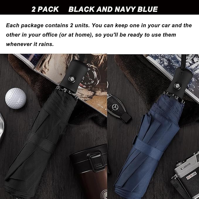 SIEPASA Two Pack The Original Portable Travel Umbrella for Rain Windproof, Perfect Car Golf Umbrella, Backpack, and On-the-Go.(Black & Navy Blue, 2 Pack)