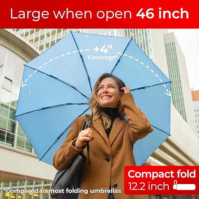 TUMELLA Flip-proof Inverted Travel Umbrella, Small Strong but Light Portable and Automatic Reverse Folding Rain Umbrella, Durable Premium Grip, Fits Car & Backpack