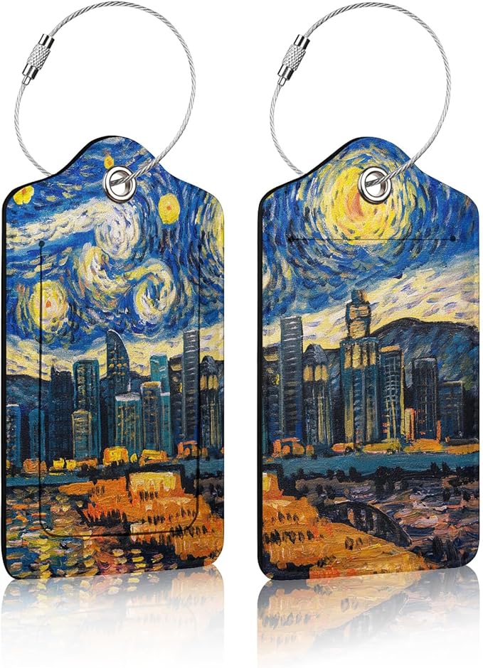 2 Pack Luggage Tag for Suitcase,Starry Night View Luggage Tag with PU Leather Privacy Cover ID Label & Stainless Steel Loop for Women Men Travel Bag Suitcase