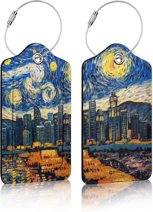 2 Pack Luggage Tag for Suitcase,Starry Night View Luggage Tag with PU Leather Privacy Cover ID Label & Stainless Steel Loop for Women Men Travel Bag Suitcase