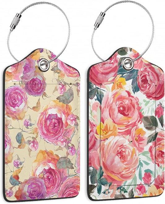 2 Pack Luggage Tag for Suitcase,Retro Flower Rose Leather Suitcase Tags Identifiers with Privacy Name Address Labels and Durable Steel Loop for Women Men Travel