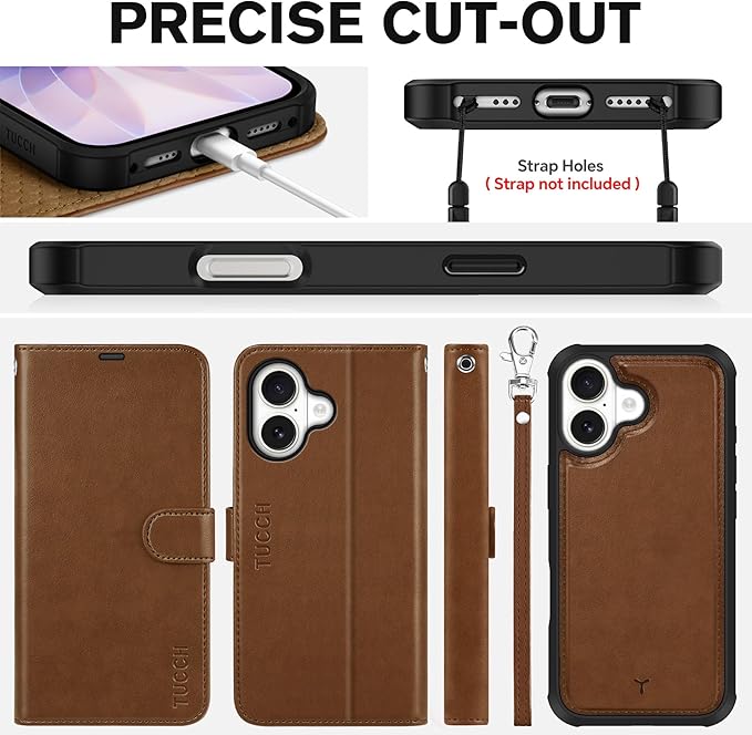 TUCCH Detachable Case Wallet for iPhone 17 (6.3") 2025, Wrist Strap, 4 Card Holders RFID Blocking, Wireless Charging, Stand, 2-in-1 Magnetic, PU Leather, Shockproof Folio Cover, Brown