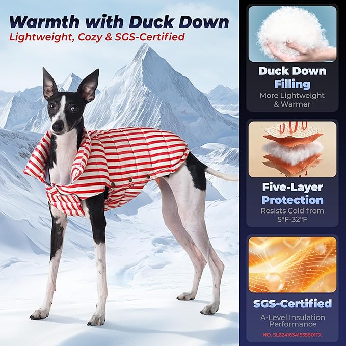 SPACE LION Dog Puffer Jacket, Down Winter Coat, Durable Outdoor Coat for Cold and Windy Conditions, Lightweight & Adjustable Fit Coats for Medium Dogs, (RedStripe, Size 14 Gift Box)