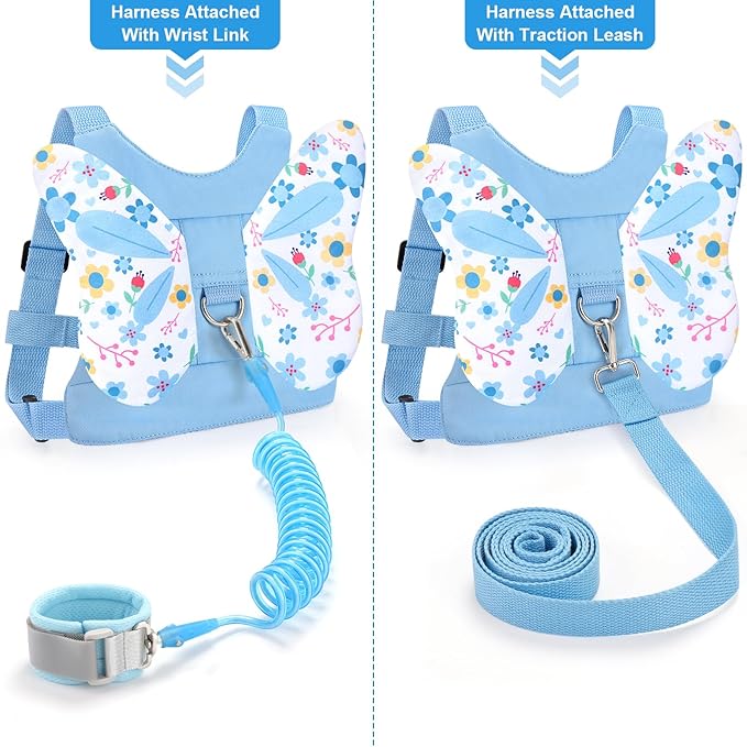 Accmor Toddler Harness Leash, Cute Butterfly Kids Leash + Anti Lost Wrist Link for Outdoor Travel, Adorable Mini Child Walking Harness Wristband Assistant Strap Belt for Baby Boys Girls (Blue)