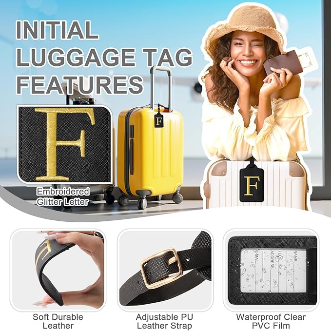 Personalized Initial Luggage Tags for Suitcase TSA Approved, Black Leather Cute Luggage Tag with Privacy Cover Name Card, Embroidered Custom Luggage Tags Travel Backpack Tags Gifts for Women Kids(F)