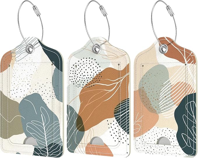 Rimilak 3 Pcs PU Leather Luggage Tags for Suitcase, Travel Cruise Luggage Tag with Privacy Flap, Name ID Label and Metal Loop for Women Men Baggage Handbag School Bag Backpack, White Leaves