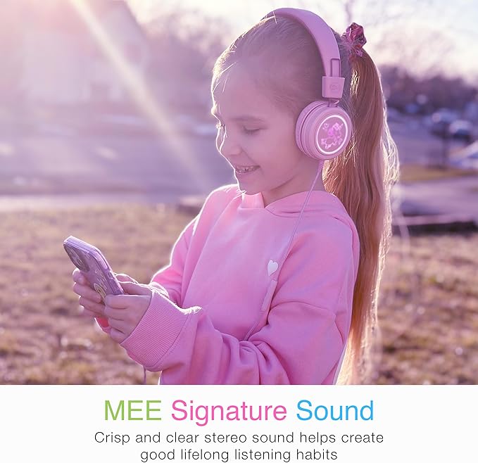 MEE audio KidJamz KJ55 Safe Listening USB-C Headphones for Children with Multicolor LED Lights, Volume Limiter, & Microphone; On-Ear Wired Kids Headset for iPhone 16, iPad, & USB Type C Devices (Pink)