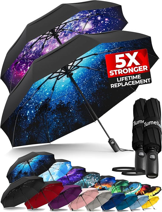 TUMELLA Strongest Windproof Travel Umbrella (Compact, Superior & Beautiful), Small Strong but Light Portable and Automatic Folding Rain Umbrella, Durable Premium Grip, Fits Car & Backpack