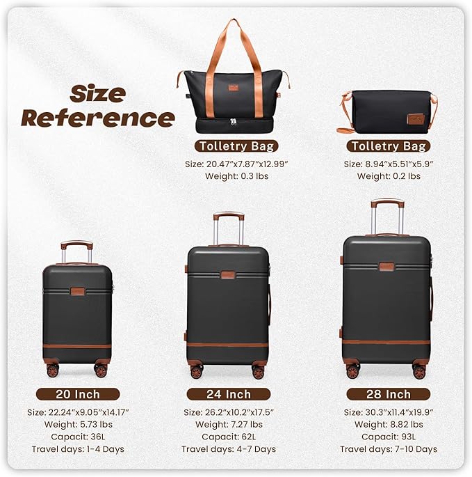 Krute Carry On Luggage Sets 3 Pieces Suitcase Set Hard Shell PC+ABS Airline Approved Suitcases with Spinner Wheels TSA Approved 20 Inch Luggage (BlackBrown)