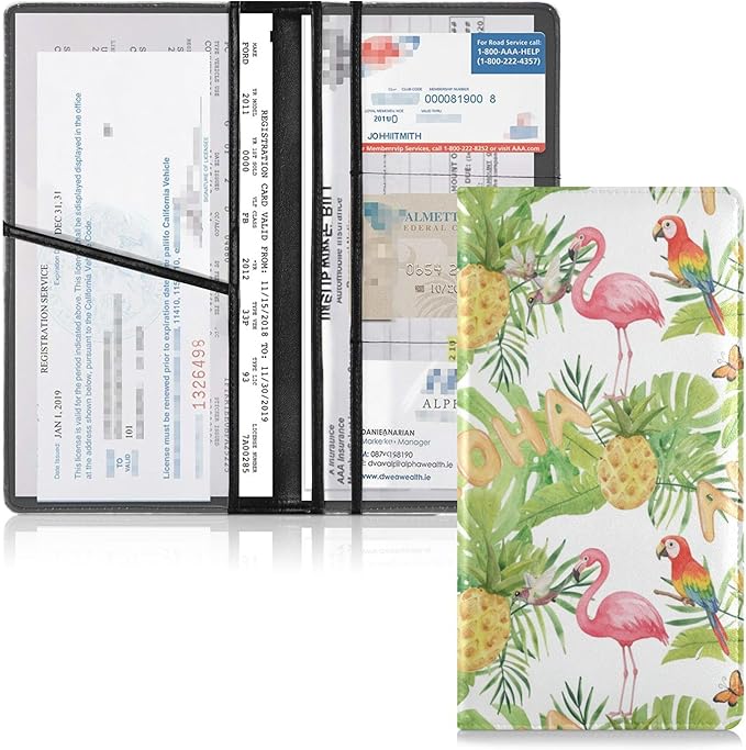 linqin Car Registration and Insurance Card Holder, Tropical Birds Flamingos Glove Box Organizer Card Document Wallet