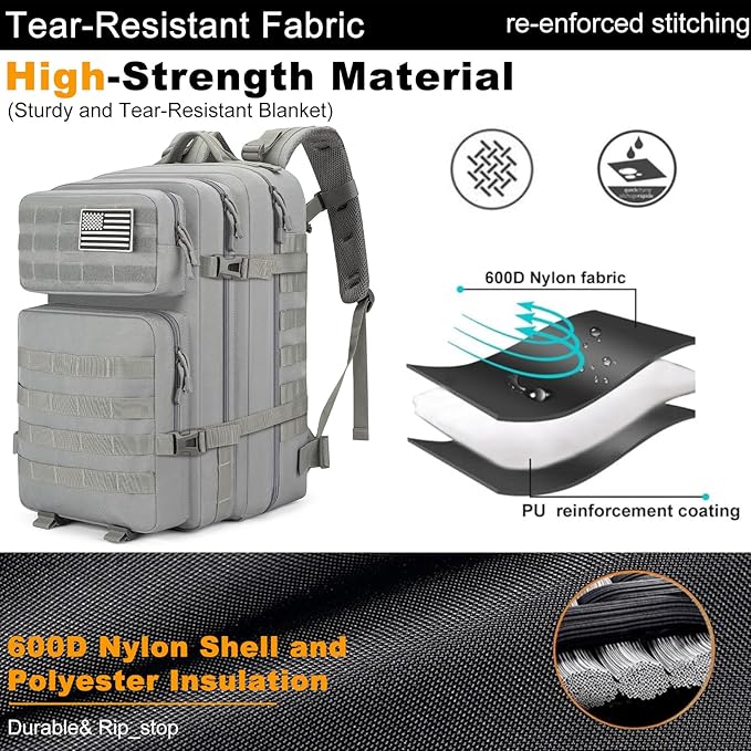 Tactical Backpack 45L Military Rucksack, Water Resistant MOLLE Assault Pack, Large 3 Day Bug Out Bag for Men & Women, Durable Outdoor Gear for Hiking, Camping, Hunting, Travel (Grey)