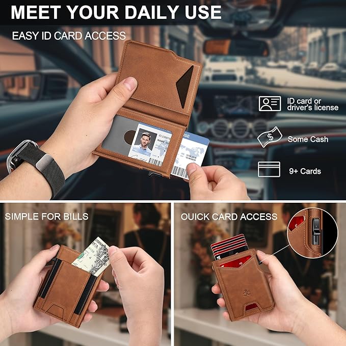 Wallet for Men Wallet with Slim Pop Up Card Holder 9-13 Cards, Bifold Minimalist Smart Wallet RFID Blocking Credit Card Holder with ID Window & Stretchable Cash Slot Compact Metal Aluminum Card Case