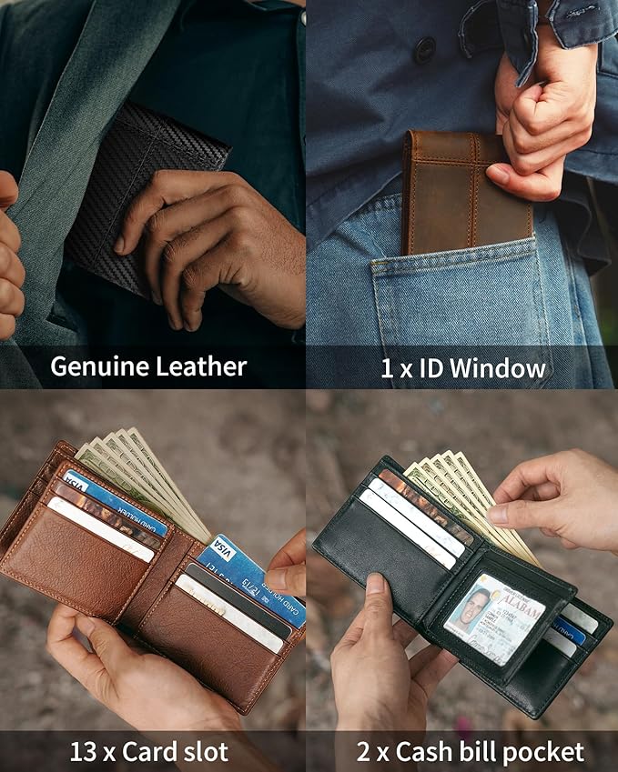 Artpaxy Mens Wallet Bifold Genuine Leather RFID Blocking Wallet for Men with 1 ID Window 13 Card Holders 2 cash pockets 1 Gift Box