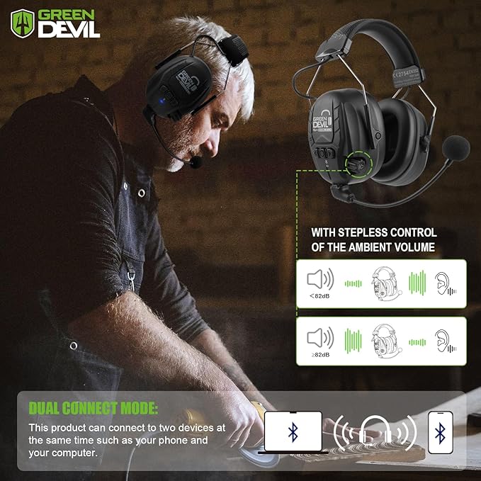 GREEN DEVIL Electronic Bluetooth Hearing Ear Protection Headphones With Boom Microphones 27dB Noise Cancelling Earmuffs