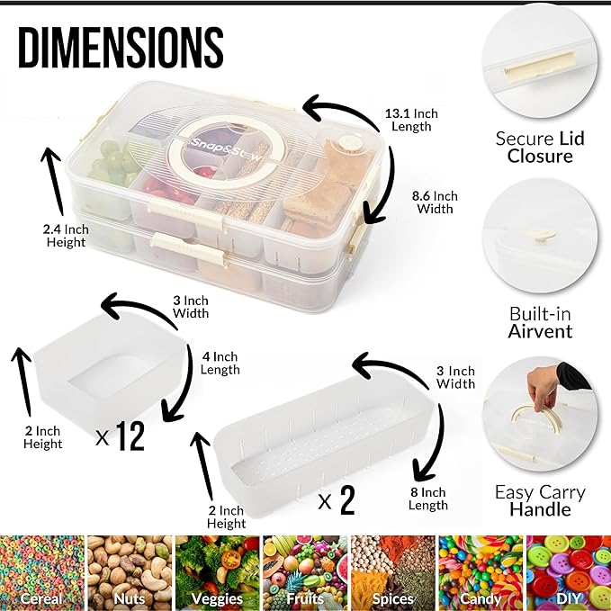Snap and Stow Dishwasher Safe, Snackle Box, Stackable 14 Divided Snack Box Bowls, Charcuterie Tray with Lid, Veggie Containers with Lids, Reusable BPA Free Plastic (Set of 2, Transparent)