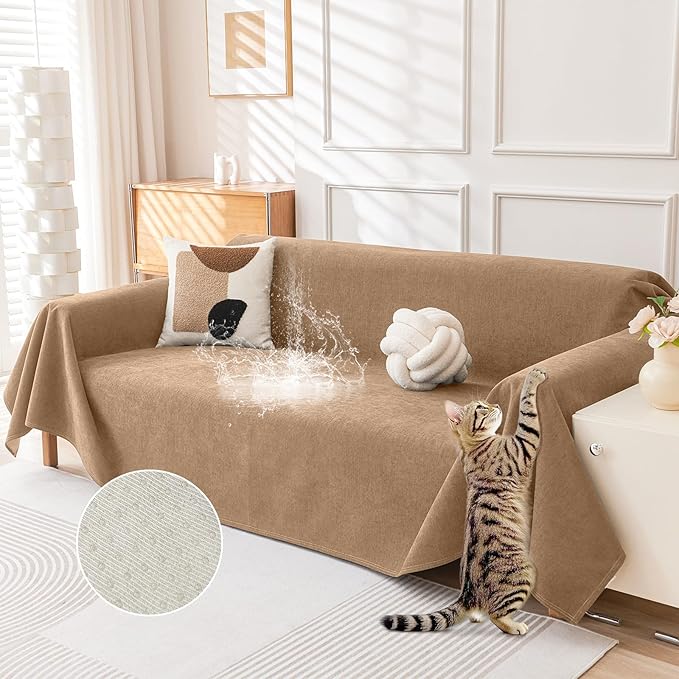 Deep Dream Cat-Scratch Resistant Couch Cover, Waterproof Sofa Cover for 3 Cushion Couch Washable, Pet Friendly Couch Protectors Anti Slip Thickened Sofa Slipcovers for Dogs Pets, 91" x 150", Brown