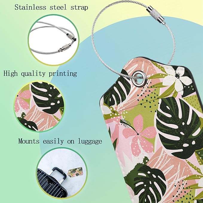 Luggage Tags for Suitcase,2 Pack Boho Flowers Tropical Leaves Luggage Tag PU Leather Privacy Cover ID Label with Stainless Steel Loop for Women Men Teens Travel