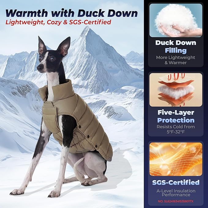 SPACE LION Dog Puffer Jacket, Down Winter Coat, Durable Outdoor Coat for Cold and Windy Conditions, Lightweight & Adjustable Fit Coats for Large Dogs, (Khaki, Size24/2XL)