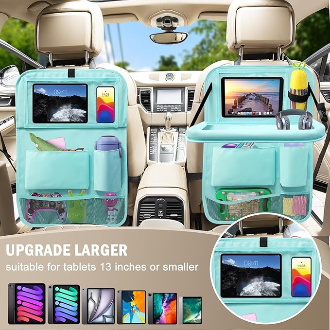 2Pack Car Backseat Organizer with Foldable Table Tray,6 Storage Pockets Car Storage Organizer with Tablet Holder,Car Seat Back Protectors Kick Mats Travel Accessories Blue