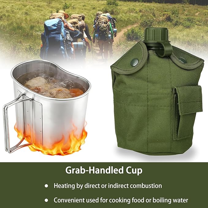 ShenDu Military Canteen, WWII US GI Style 1 Quart Water Canteen Kit with Aluminum Canteen Cup, Stainless Steel Spork & Cover for Camping, Hiking, Backpacking