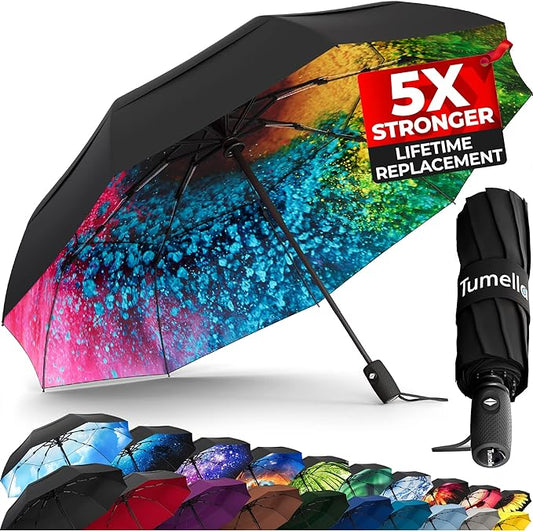 TUMELLA Strongest Windproof Travel Umbrella (Compact, Superior & Beautiful), Small Strong but Light Portable and Automatic Folding Rain Umbrella, Durable Premium Grip, Fits Car & Backpack